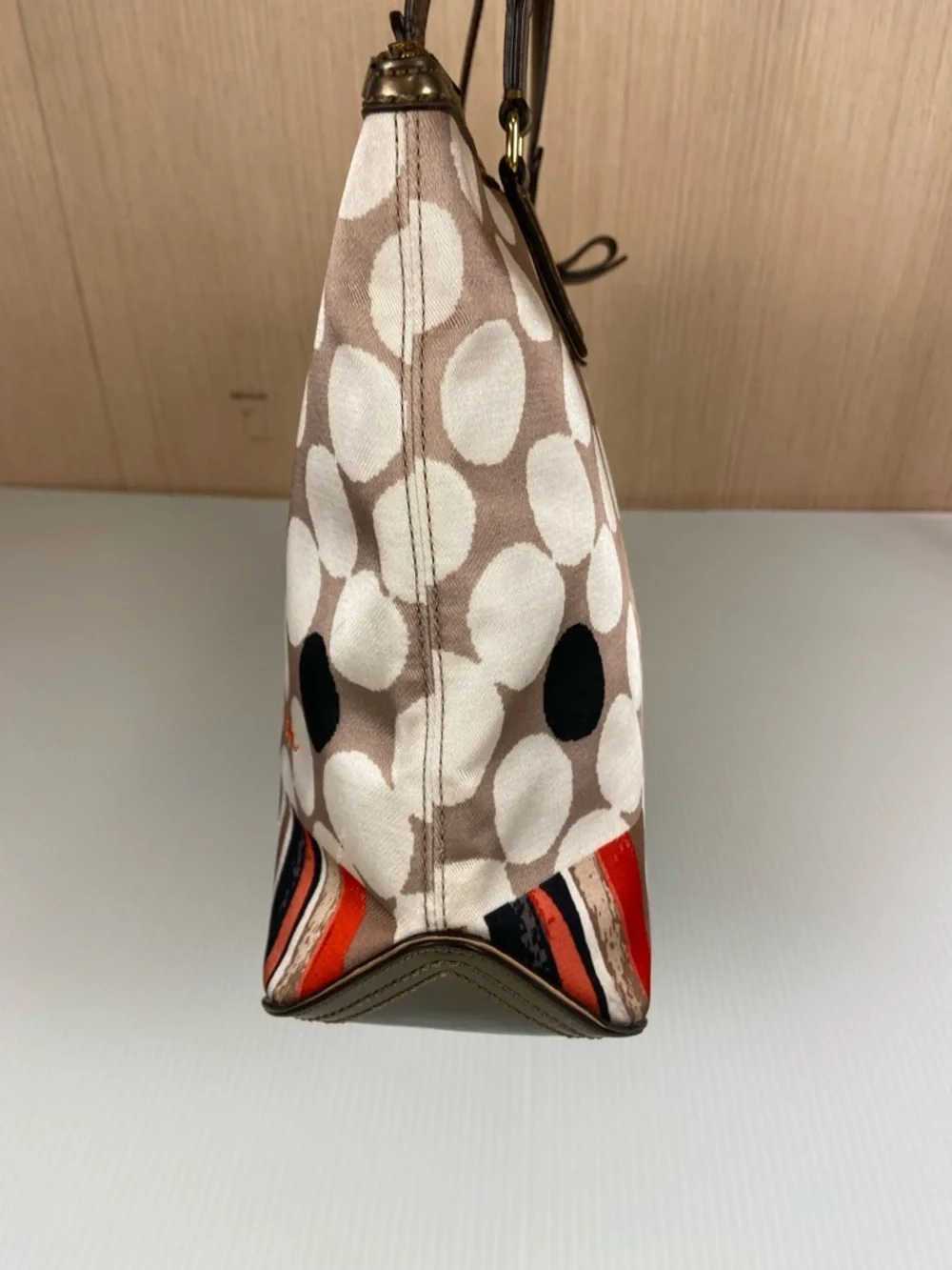 Coach Polka Dot Stripe Tote Satin Scarf Print Leather Trim Red Lining Rare